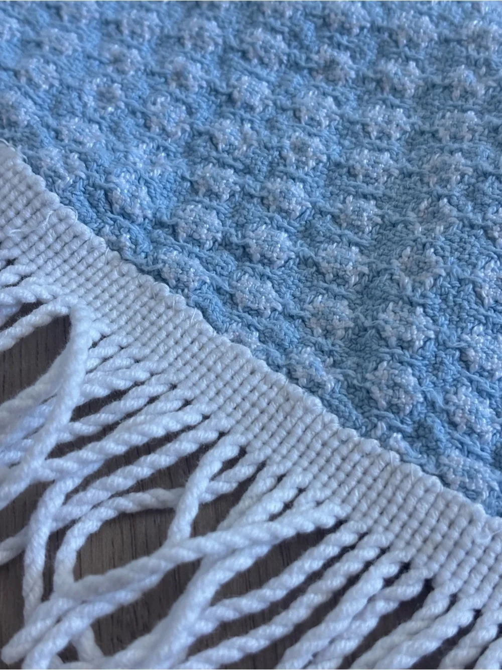 Vintage Light Blue Round Waffle Weave Tablecloth with White Fringe 56”